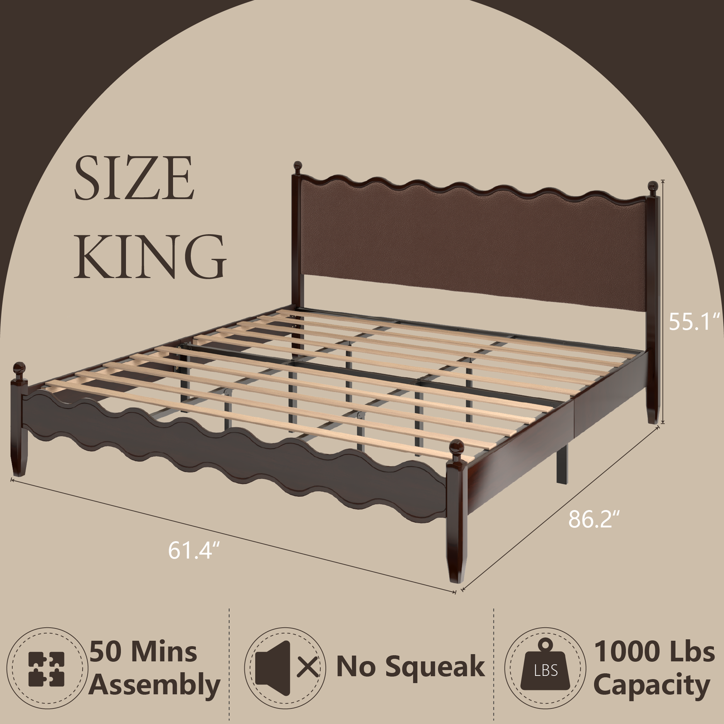 VIPLOV Wood Bed Frame with Vintage Wave Headboard, Leather Upholstered Bed Frame, Mattress Foundation, Easy Assembly