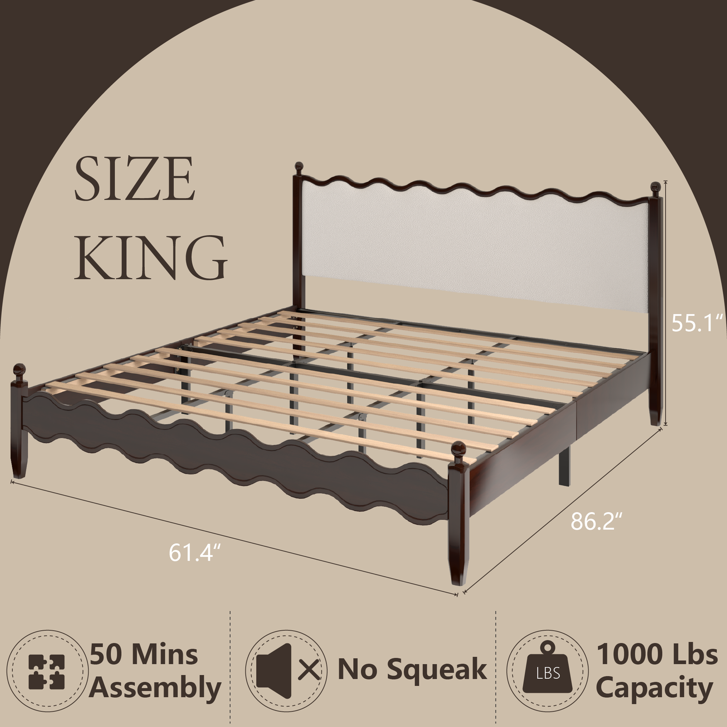 VIPLOV Wood Bed Frame with Vintage Wave Headboard, Leather Upholstered Bed Frame, Mattress Foundation, Easy Assembly