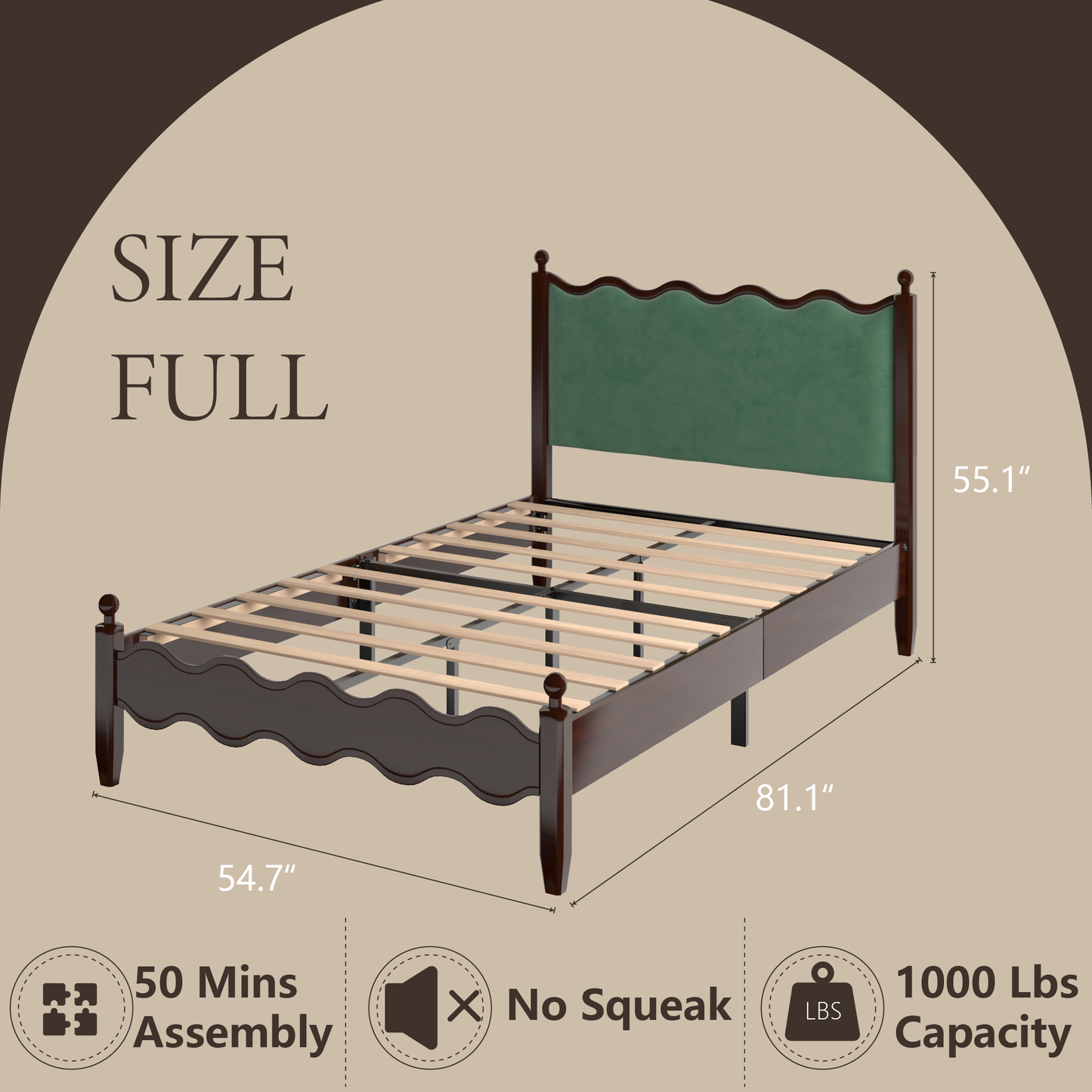 VIPLOV Wood Bed Frame with Vintage Wave Headboard, Leather Upholstered Bed Frame, Mattress Foundation, Easy Assembly