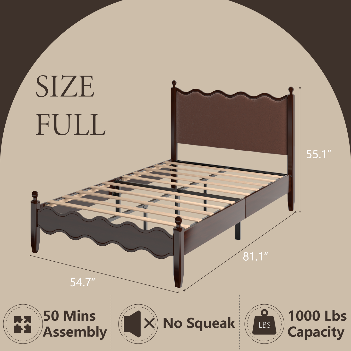 VIPLOV Wood Bed Frame with Vintage Wave Headboard, Leather Upholstered Bed Frame, Mattress Foundation, Easy Assembly