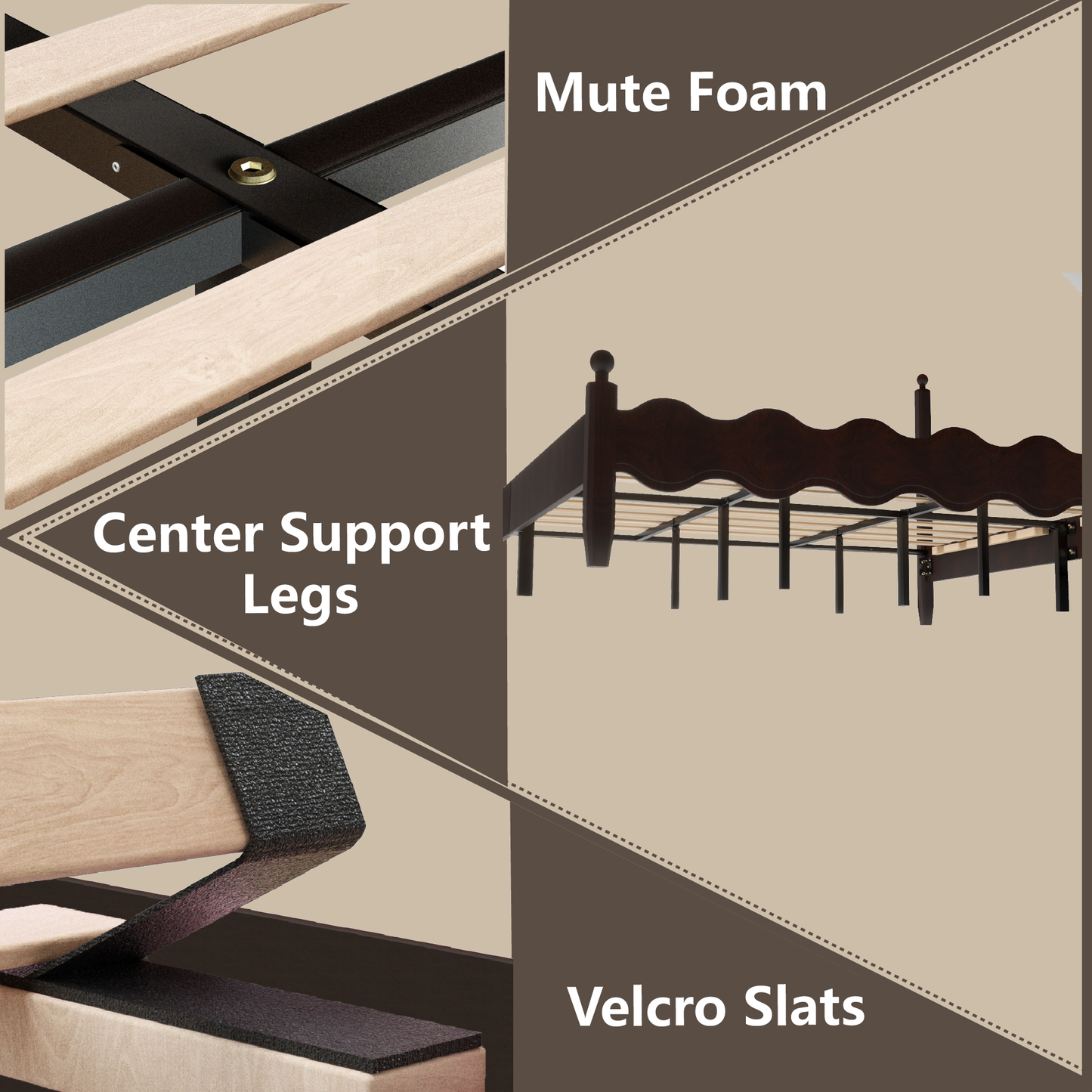 VIPLOV Wood Bed Frame with Vintage Wave Headboard, Leather Upholstered Bed Frame, Mattress Foundation, Easy Assembly