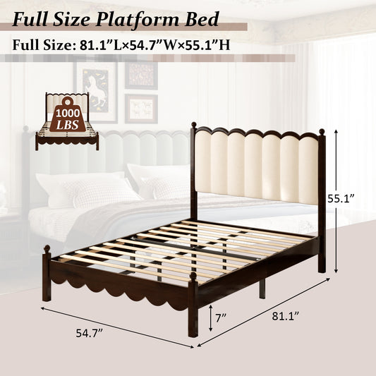 Wooden Size Bed Frame, Leather Platform Bed with 55" Tall Upholstered Headboard, Solid Wood Four Poster Bed, Vintage Style Bed Frame with Wood Slats, No Box Spring Needed, Noise-Free