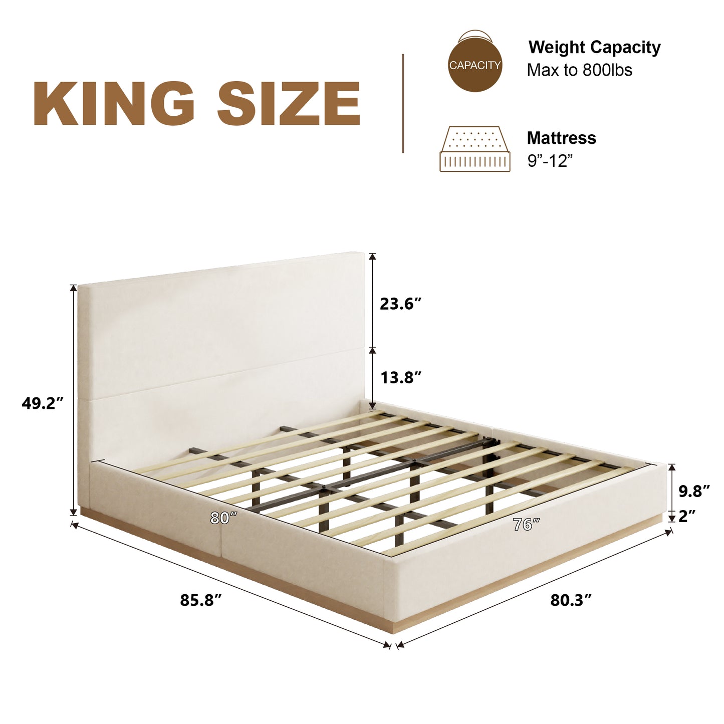 VIPLOV Bed Frame with Headboard, Upholstered Bed Frames,with Enclosed Wood Base, Metal Structure & Wood Slats Support,No Noise, Easy Assembly,