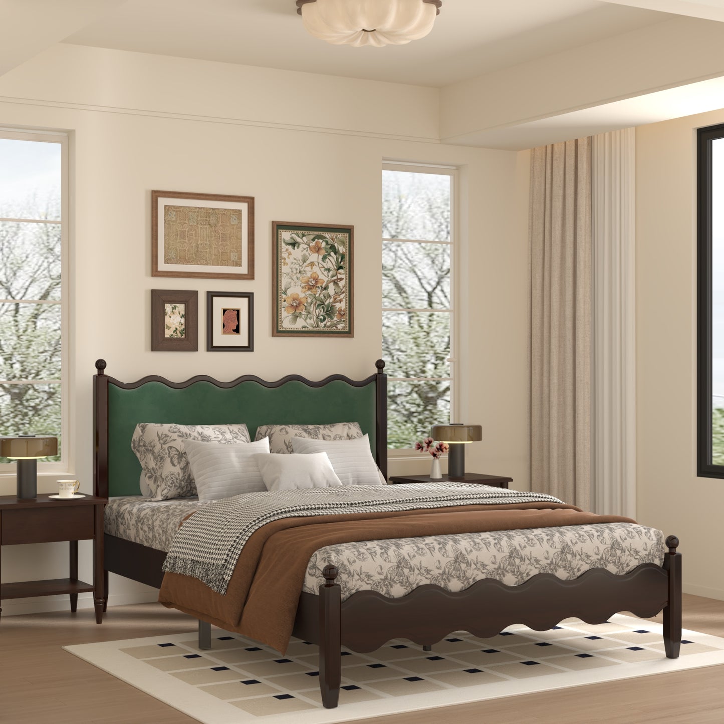 VIPLOV Wood Bed Frame with Vintage Wave Headboard, Leather Upholstered Bed Frame, Mattress Foundation, Easy Assembly