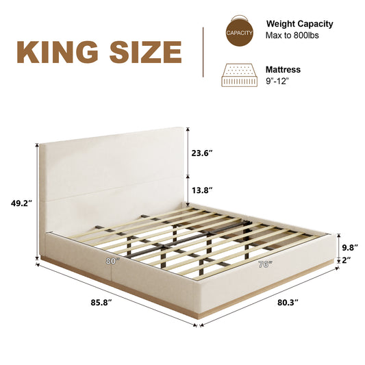 VIPLOV Bed Frame with Headboard, Upholstered Bed Frames,with Enclosed Wood Base, Metal Structure & Wood Slats Support,No Noise, Easy Assembly,