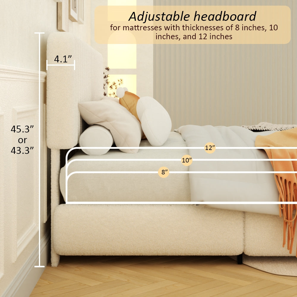 VIPLOV Full Size Boucle Bed Frame, Upholstered Cloud Platform Bed Frame with Adjustable Headboard, No Box Spring Needed, Noise Free Design, Easy Assembly