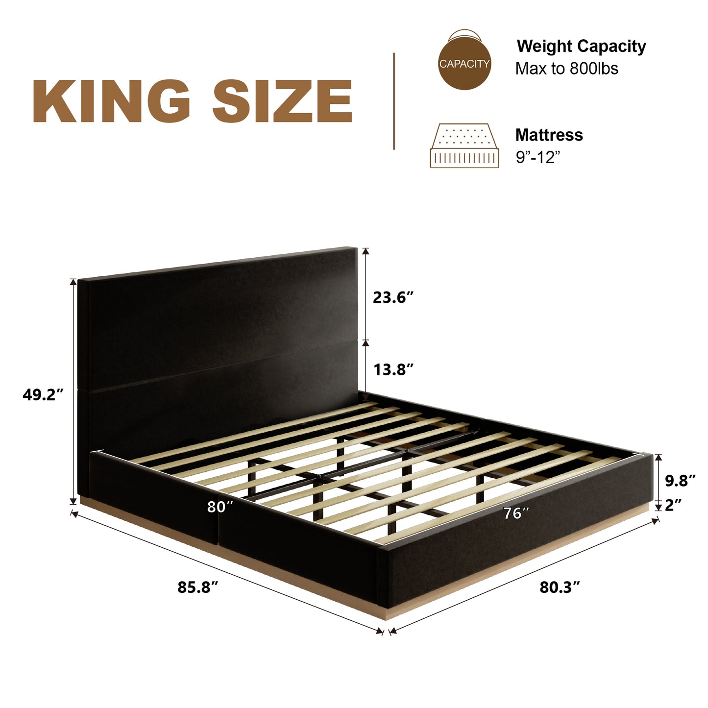 VIPLOV Bed Frame with Headboard, Upholstered Bed Frames,with Enclosed Wood Base, Metal Structure & Wood Slats Support,No Noise, Easy Assembly,