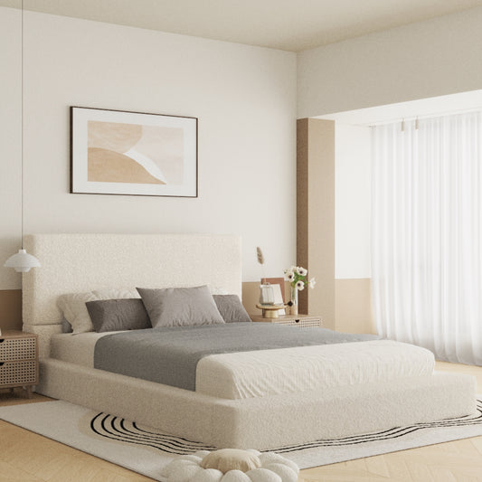 VIPLOV Boucle  Bed Base, Upholstered Platform Floor Bed with Headboard, Soft Cloud Bed with Thickened Wide Headboard, Easy Assembly, Cream