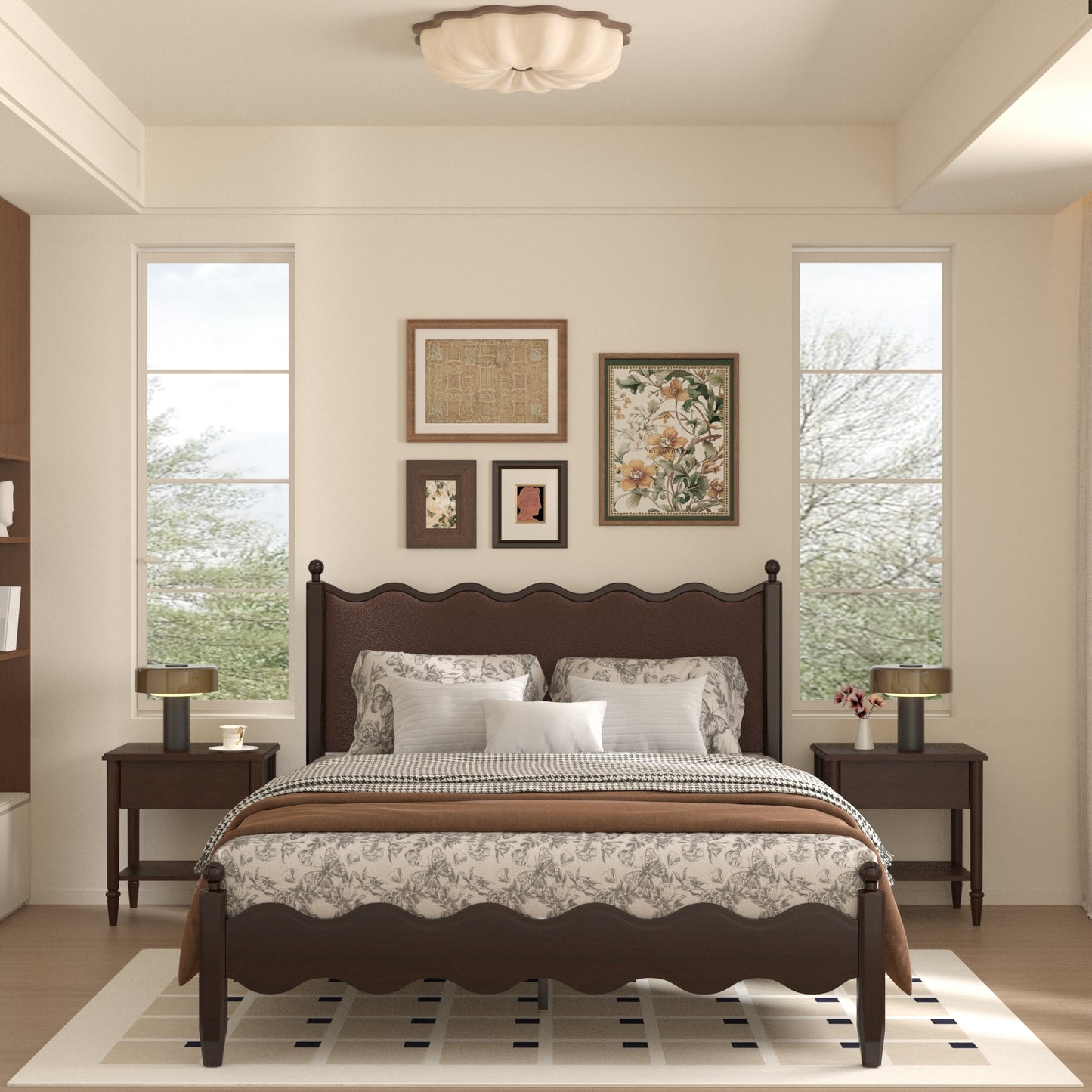 VIPLOV Wood Bed Frame with Vintage Wave Headboard, Leather Upholstered Bed Frame, Mattress Foundation, Easy Assembly