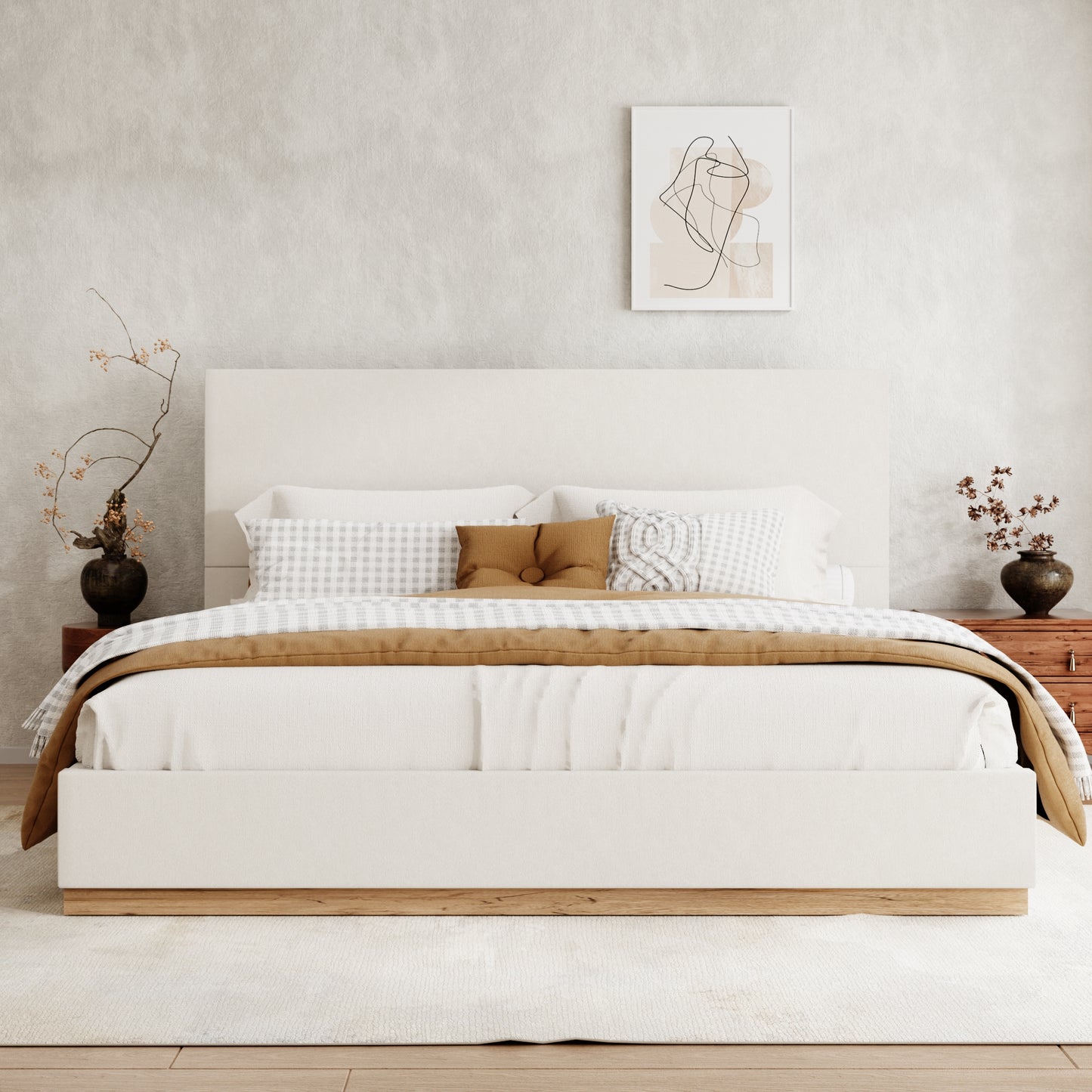 VIPLOV Bed Frame with Headboard, Upholstered Bed Frames,with Enclosed Wood Base, Metal Structure & Wood Slats Support,No Noise, Easy Assembly,