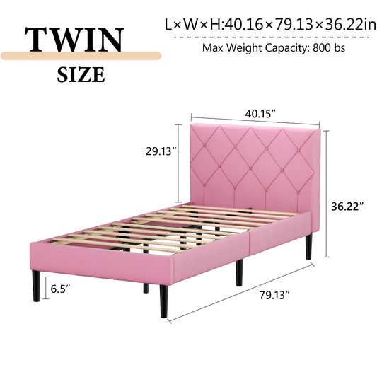 VIPLOV  Bed Frame, Upholstered Platform Bed Frame with Button Tufted Headboard, Mattress Foundation, Wooden Slats Support, Super Easy Assembly,Pink