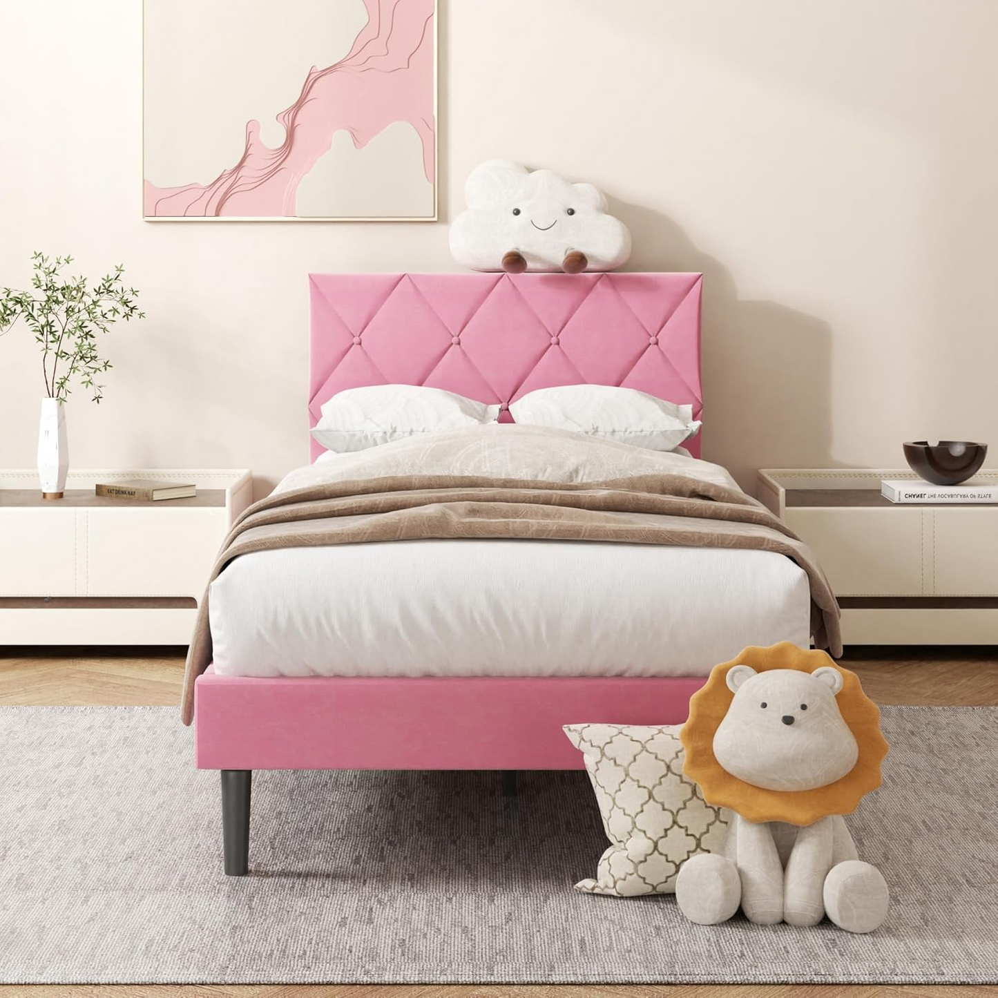 VIPLOV  Bed Frame, Upholstered Platform Bed Frame with Button Tufted Headboard, Mattress Foundation, Wooden Slats Support, Super Easy Assembly,Pink