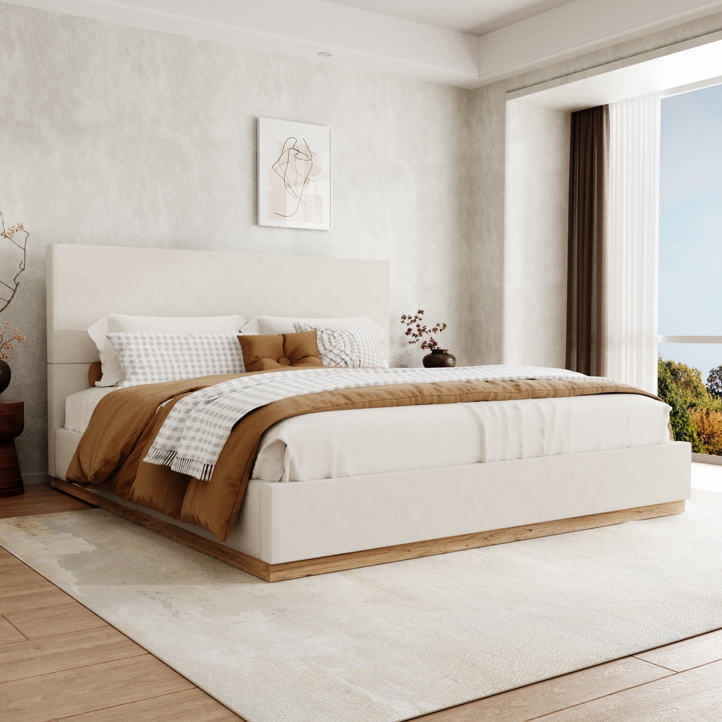 VIPLOV Bed Frame with Headboard, Upholstered Bed Frames,with Enclosed Wood Base, Metal Structure & Wood Slats Support,No Noise, Easy Assembly,