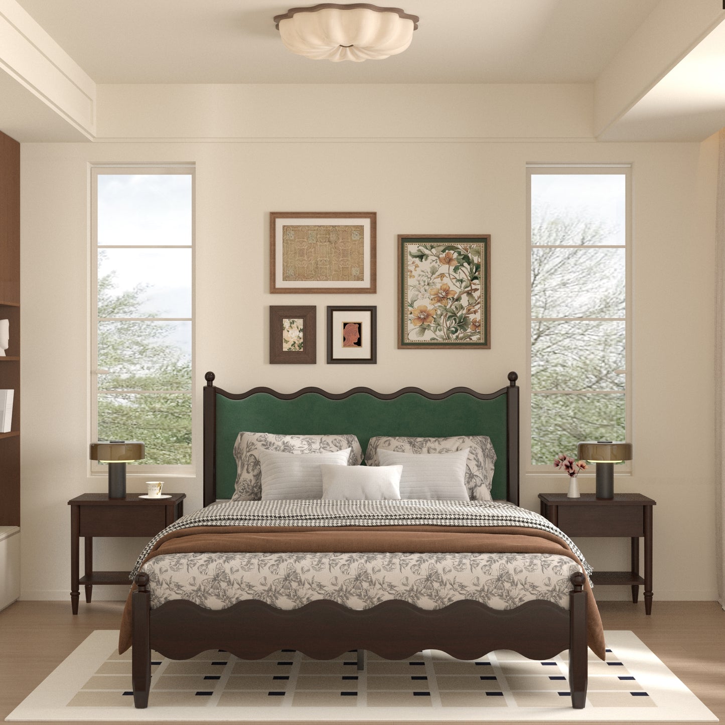 VIPLOV Wood Bed Frame with Vintage Wave Headboard, Leather Upholstered Bed Frame, Mattress Foundation, Easy Assembly