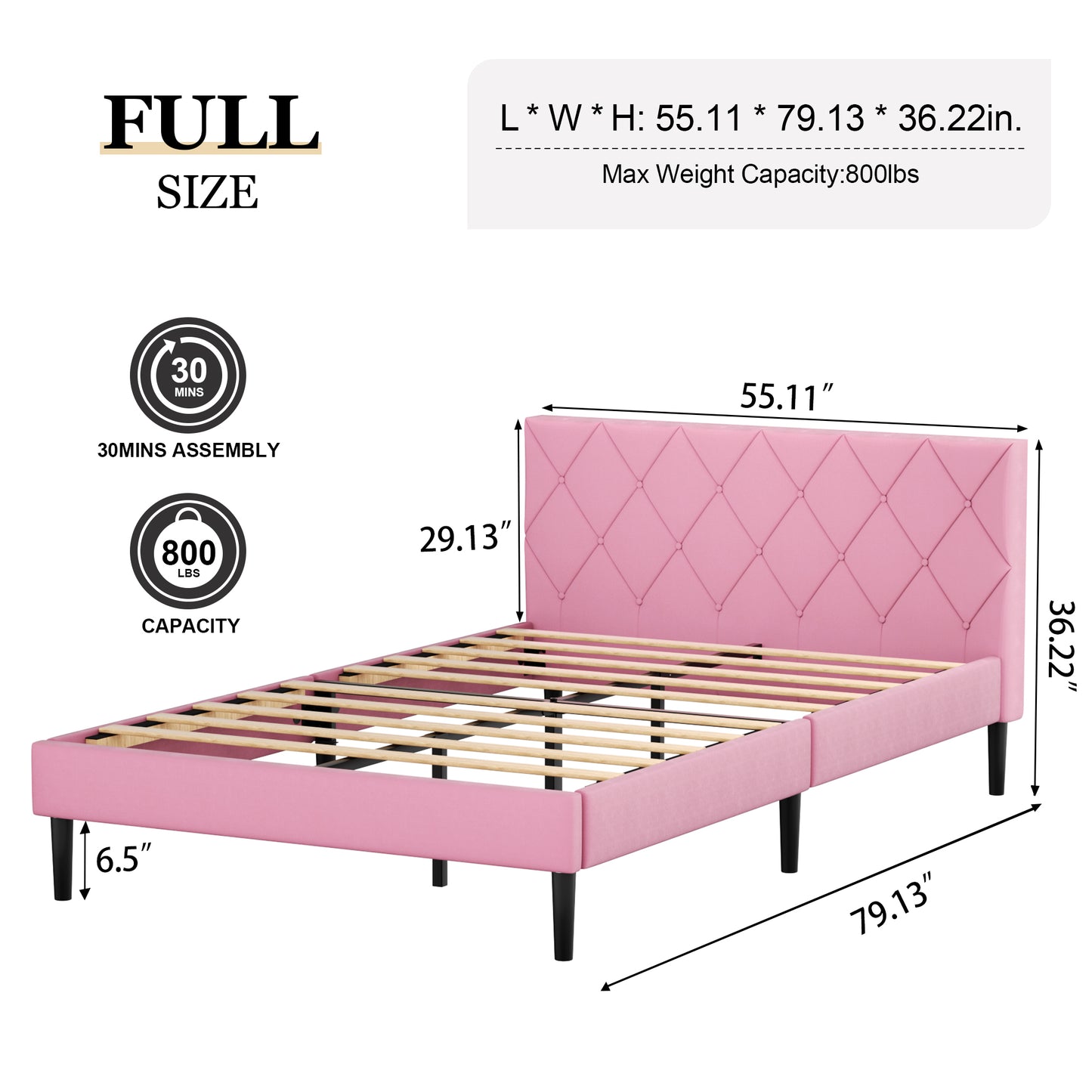 VIPLOV  Bed Frame, Upholstered Platform Bed Frame with Button Tufted Headboard, Mattress Foundation, Wooden Slats Support, Super Easy Assembly,Pink