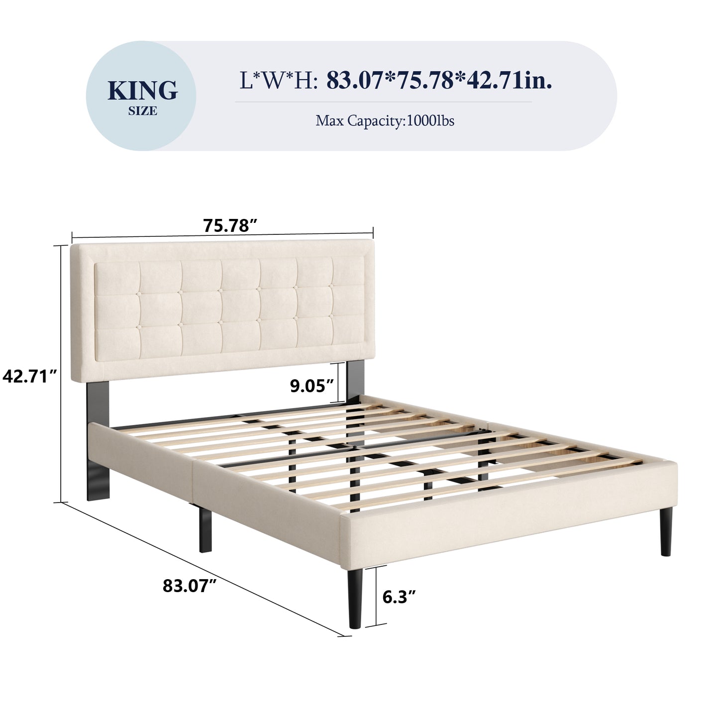 VIPLOV Bed Frame with Button Tufted Headboard, Linen Fabric Upholstered Platform Bed Frame, Mattress Foundation with Wood Slat Support, Easy Assembly, No Box Spring Needed