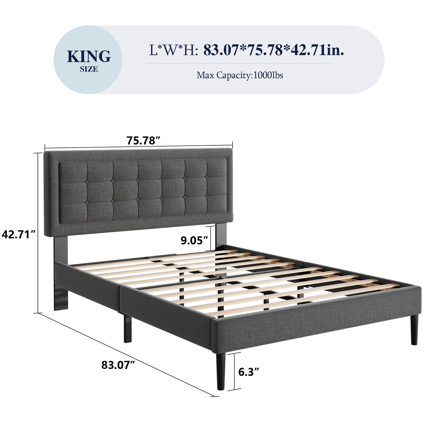 VIPLOV Bed Frame with Button Tufted Headboard, Linen Fabric Upholstered Platform Bed Frame, Mattress Foundation with Wood Slat Support, Easy Assembly, No Box Spring Needed