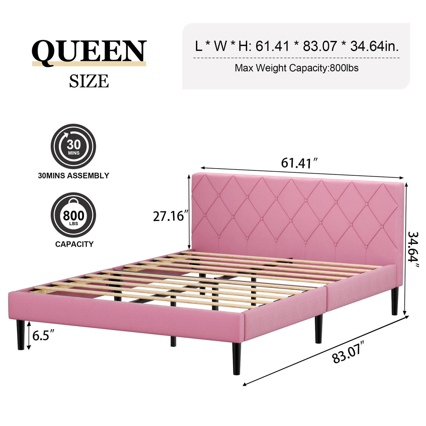 VIPLOV  Bed Frame, Upholstered Platform Bed Frame with Button Tufted Headboard, Mattress Foundation, Wooden Slats Support, Super Easy Assembly,Pink