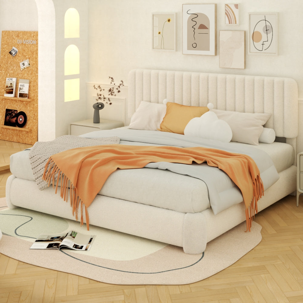 VIPLOV Full Size Boucle Bed Frame, Upholstered Cloud Platform Bed Frame with Adjustable Headboard, No Box Spring Needed, Noise Free Design, Easy Assembly