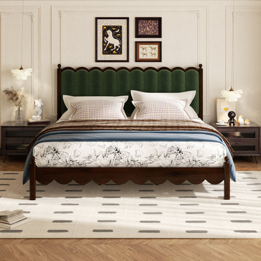 Wooden Size Bed Frame, Leather Platform Bed with 48" Tall Upholstered Headboard, Solid Wood Four Poster Bed, Vintage Style Bed Frame with Wood Slats, No Box Spring Needed, Noise-Free