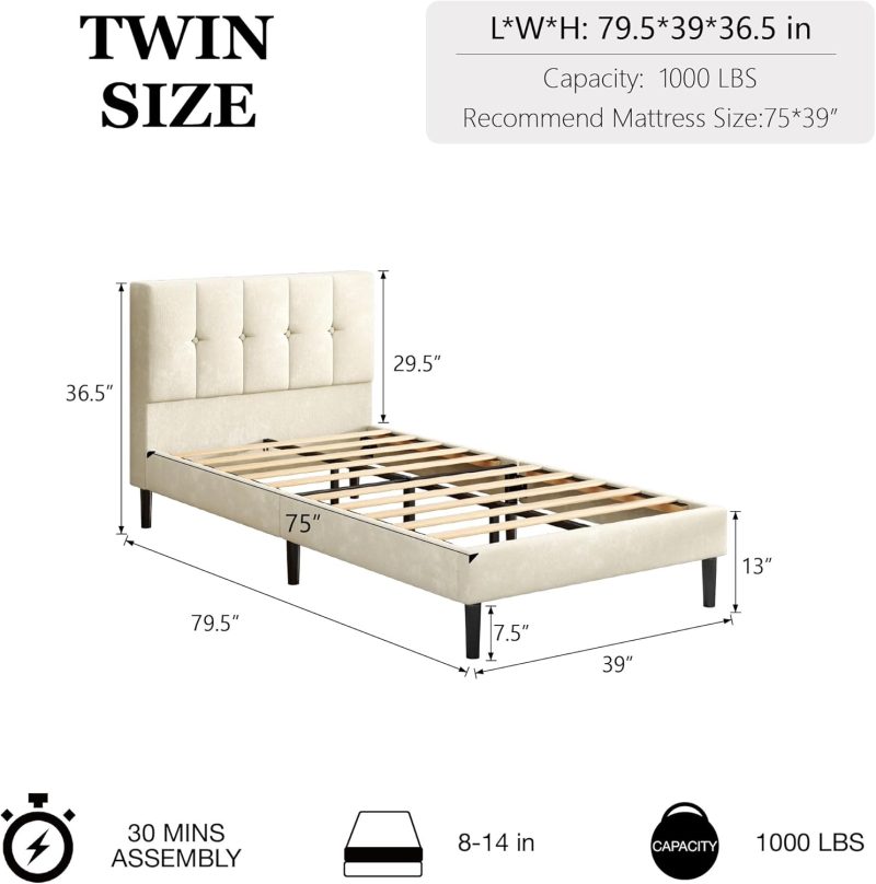 Twin Size Platform Bed Frame with Upholstered Headboard,  Beige Velvet - Image 3