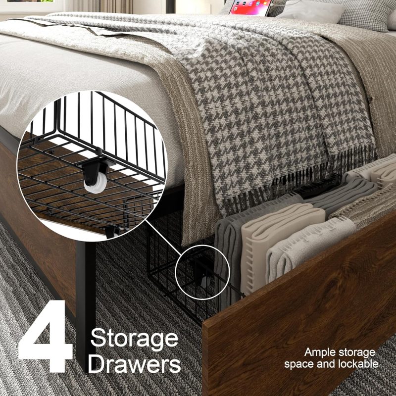 King Bed Frame with Storage Headboard, Metal Platform Bed & 4 Drawers - Image 7