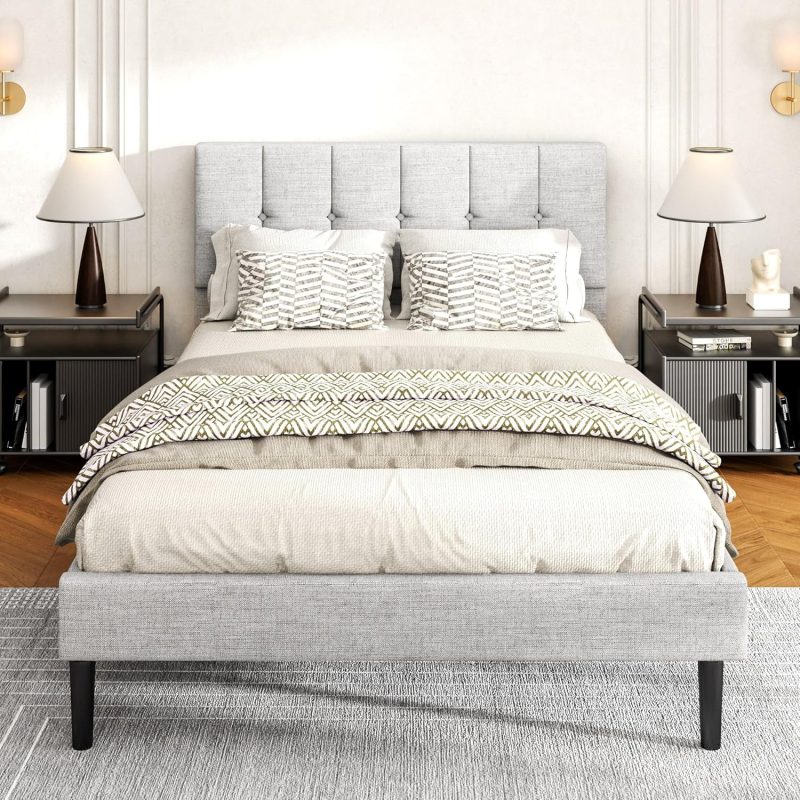 Full Size Bed Frame, Platform Beds with Upholstered Headboard, Light Grey - Image 4